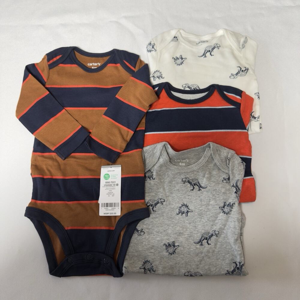 Carter's Baby 4 Pack Long Sleeve Bodysuits Dino/Stripes Multi 6 Months